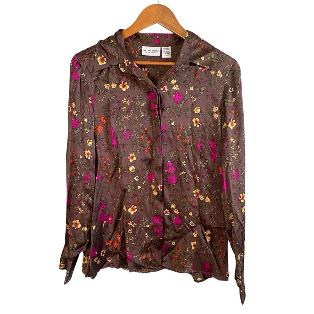 Vintage Jaclyn Smith Silk Button Up Brown Long Sleeve Small NWT Cottage Floral